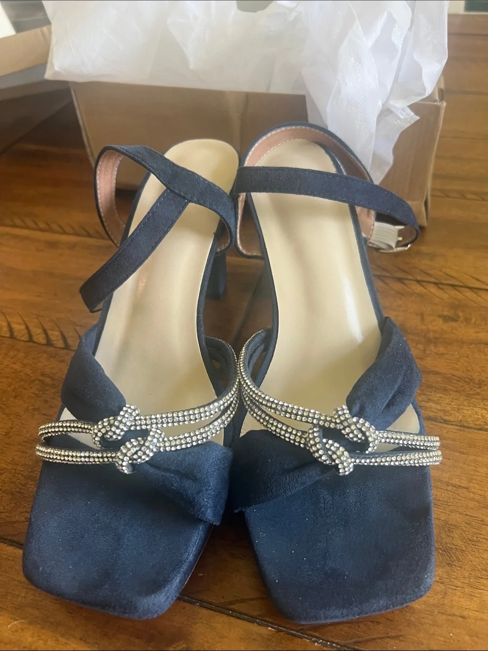 SHEIN Navy Rhinestone Knot Strap Block Heel Sandals Size 9.5 worn once